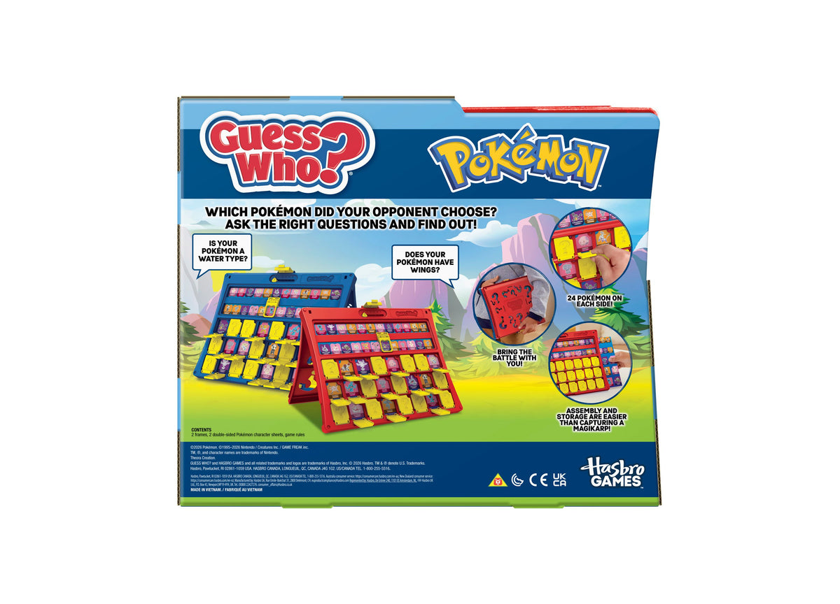 Guess Who Pokémon Edition board game by Hasbro Gaming with two fold-up cases in blue and red displaying colorful Poké...
