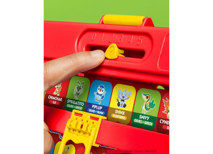 Pokémon Edition Guess Who board game with red fold-up case, yellow slider, and character cards including Chimchar, Sp...