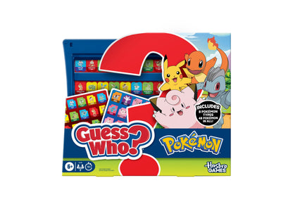 Guess Who? Pokémon Edition board game by Hasbro Games featuring Pikachu, Charmander, and Jigglypuff characters on pac...