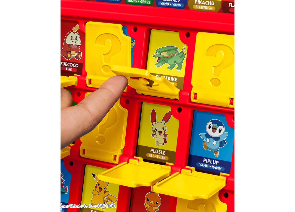 Hasbro Gaming Guess Who Pokémon Edition board game with red frame, yellow character panels featuring Pokémon like Pik...