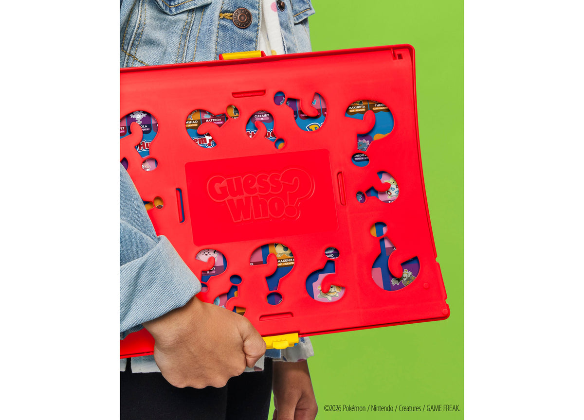 Hasbro Gaming Guess Who Pokémon Edition red board game with character windows and fold-up case