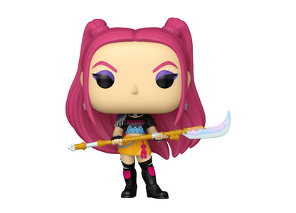 Funko POP Animation KPOP Demon Hunters Mira figure with pink hair, sword, and yellow skirt