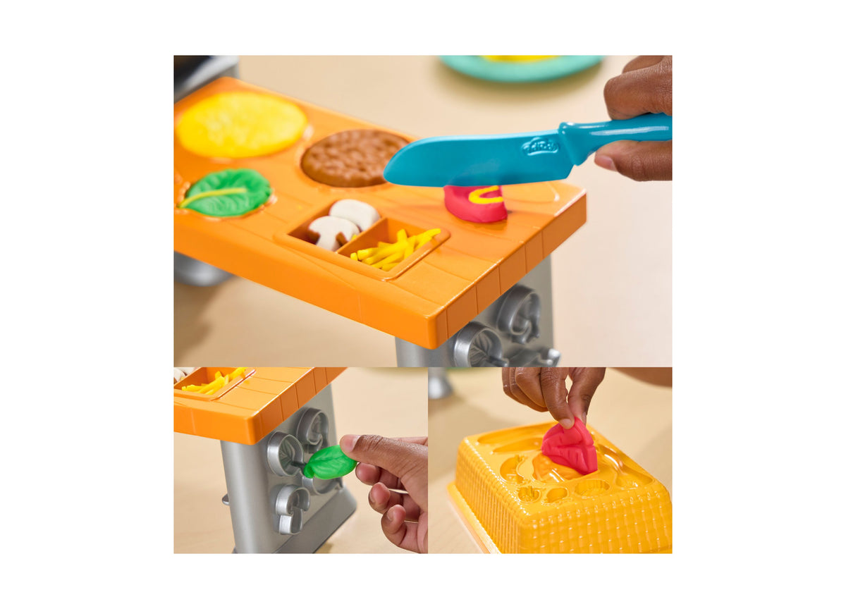 Play-Doh Super Sizzlin Kitchen Playset with orange countertop, blue knife, colorful pretend foods, and interactive co...