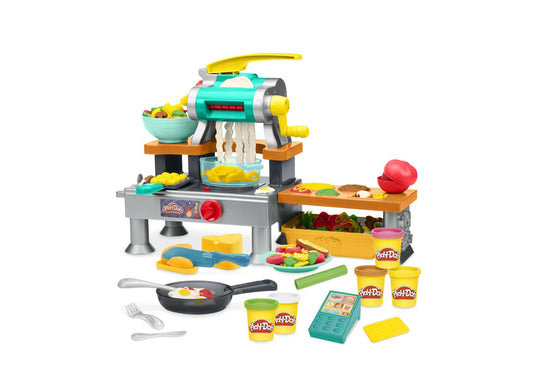 Play-Doh Super Sizzlin Kitchen Playset with turquoise pasta maker, yellow fries dispenser, skillet, and colorful pret...