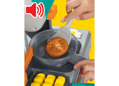 Play-Doh Super Sizzlin Kitchen Playset with gray skillet containing orange pretend food, yellow containers, and inter...