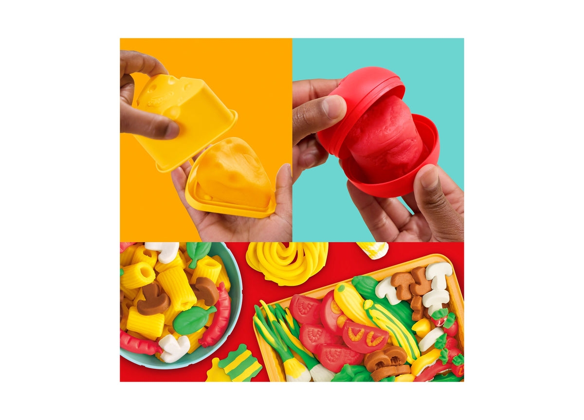 Play-Doh Super Sizzlin Kitchen Playset with yellow and red food molds, colorful pretend foods, and interactive cookwa...