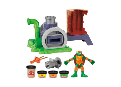 Play-Doh TMNT Slice and Blast Pizza Playset with green machine, Michelangelo figure, and colorful clay