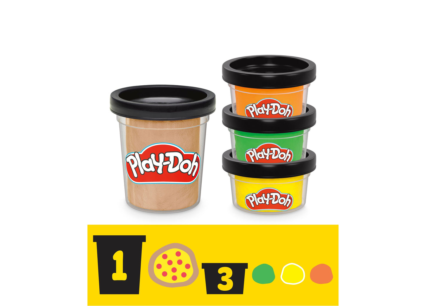 Play-Doh Pizza Playset with tan, orange, green, and yellow modeling compound containers