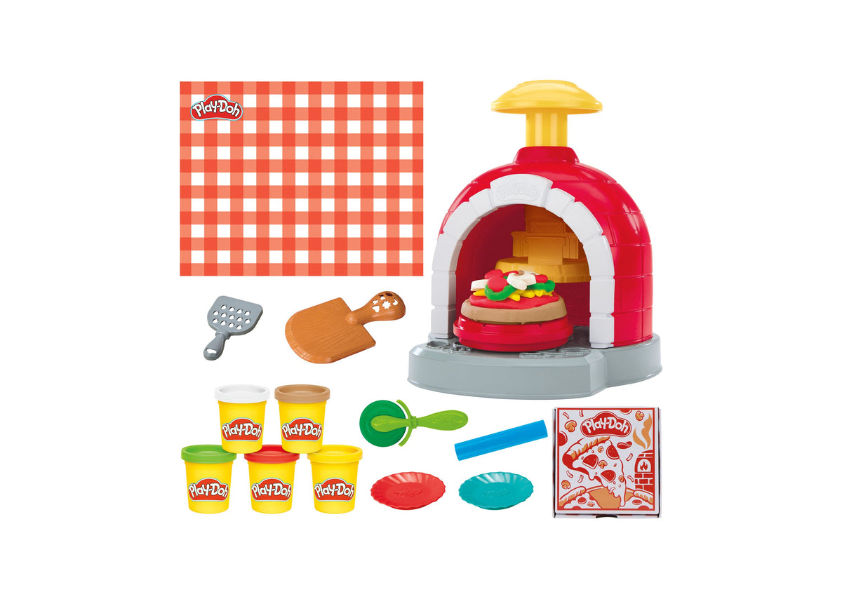 Play-Doh Stamp and Spin Pizza Playset with red oven, colorful dough containers, and accessories