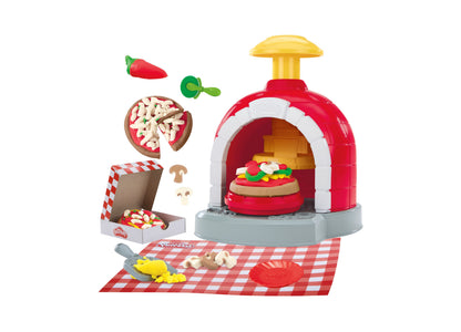Play-Doh Stamp and Spin Pizza Playset with red oven, pizza mold, and colorful toppings