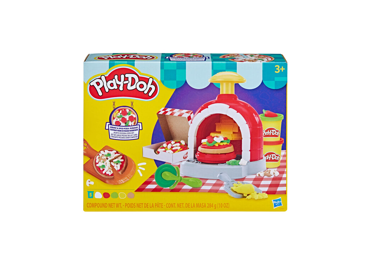Play-Doh Stamp and Spin Pizza Playset with red oven, colorful dough, and pizza-making tools for ages 3+