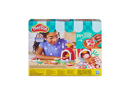 Play-Doh Stamp and Spin Pizza Playset with red oven, colorful dough, and pizza-making accessories for ages 3+