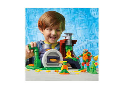 Play-Doh TMNT Slice and Blast Pizza Playset with green and orange figures