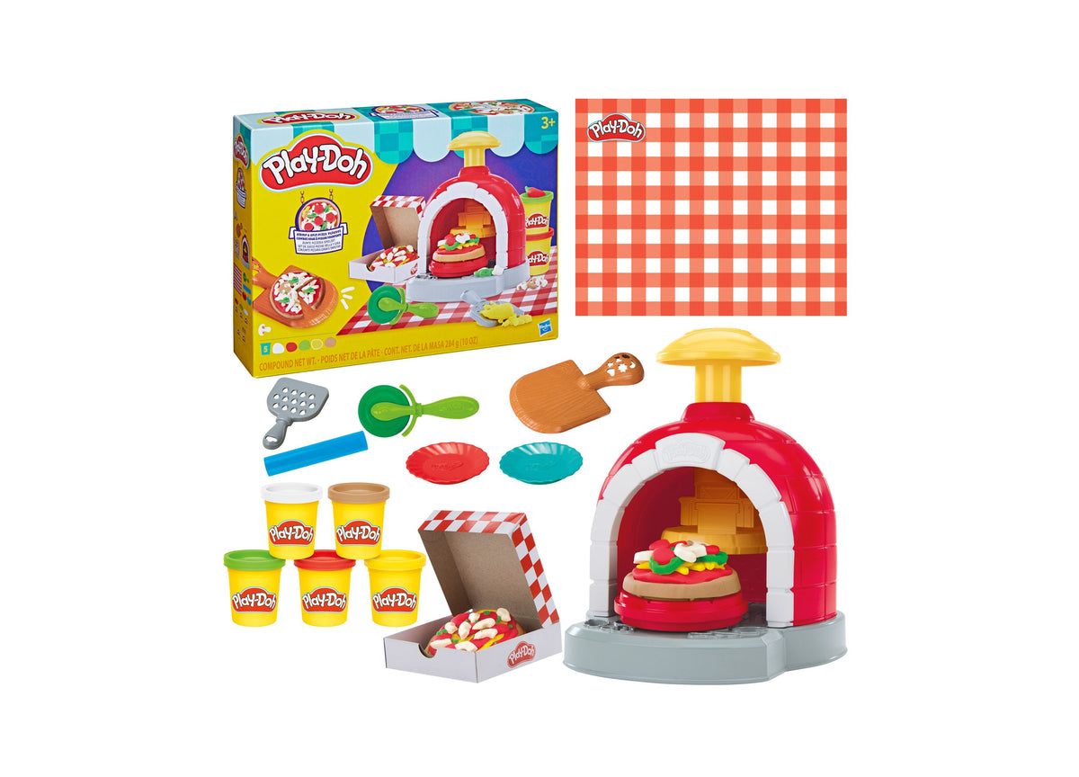 Play-Doh Stamp and Spin Pizza Playset with red oven, colorful dough, and pizza-making accessories
