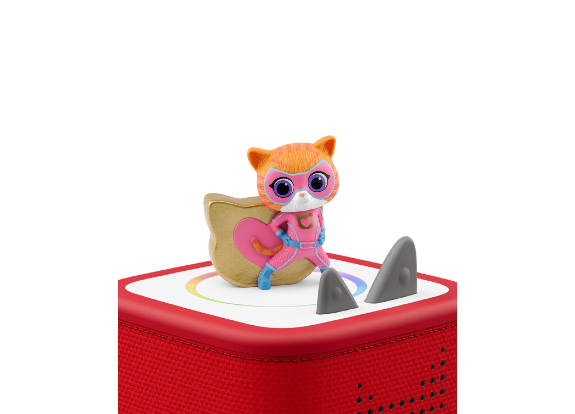 Tonies Disney SuperKitties Ginny Figurine with orange fur, pink mask, and gold cape on red speaker