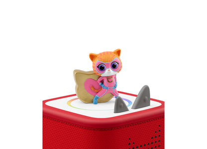 Tonies Disney SuperKitties Ginny Figurine with orange fur, pink mask, and gold cape on red speaker