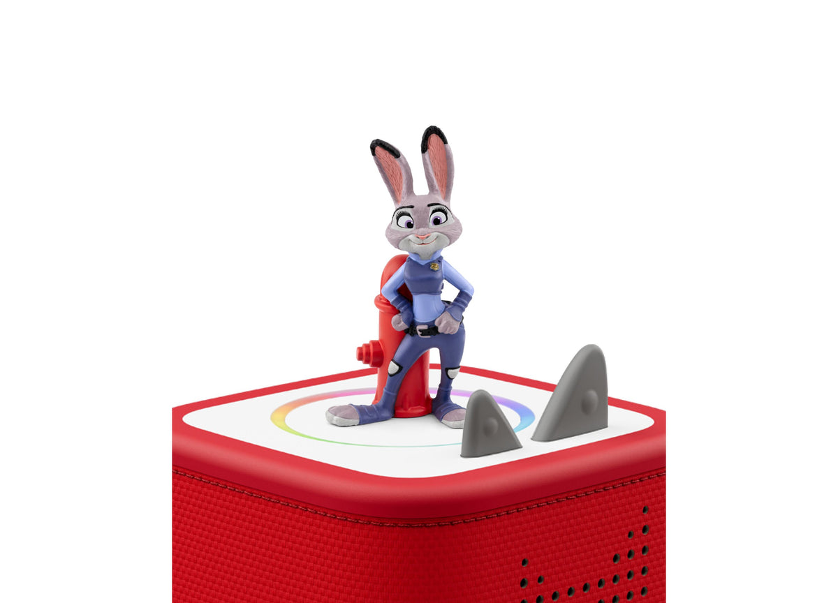 Tonies Disney Zootopia Judy Hopps figurine on red speaker base with gray rocks