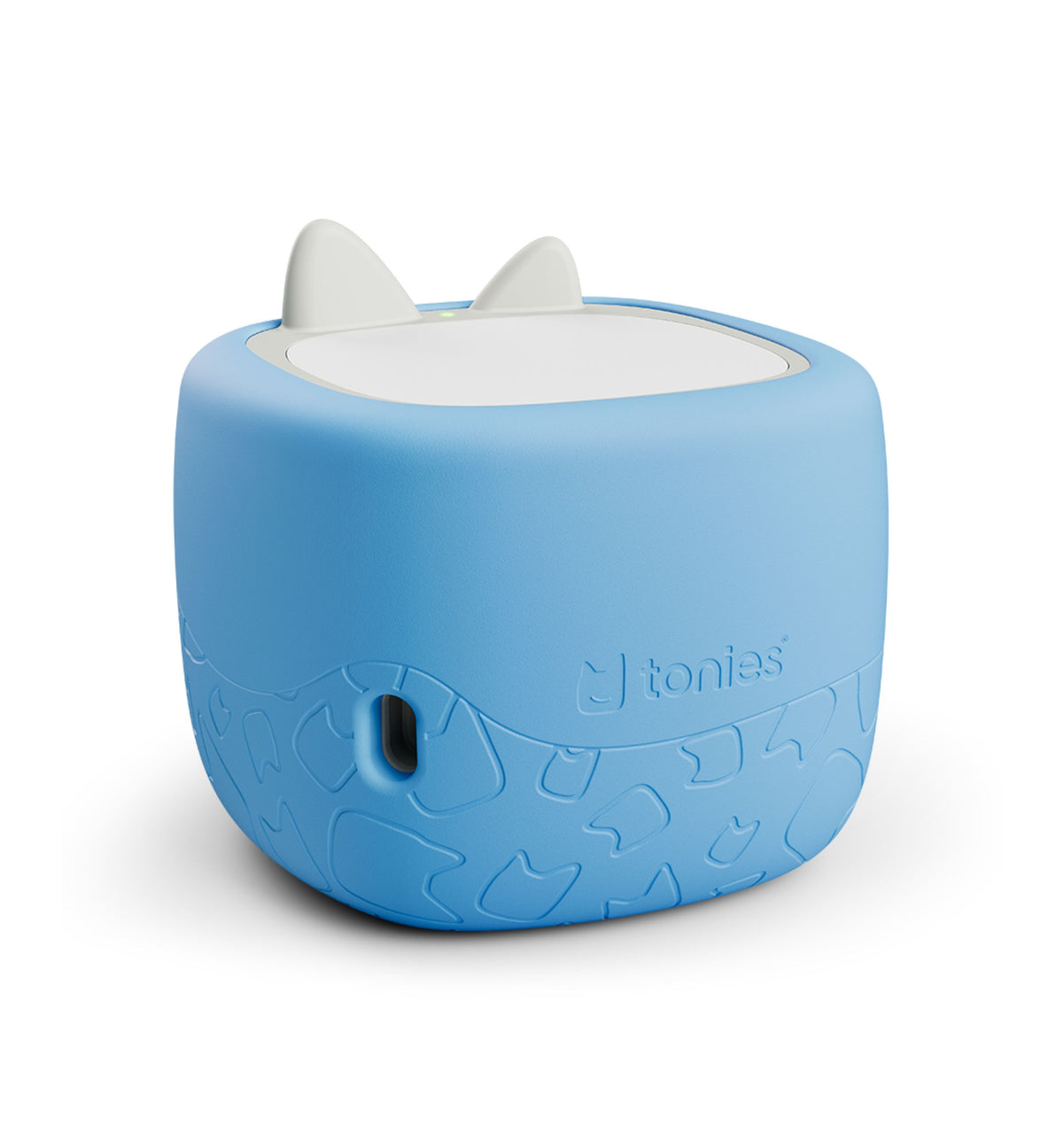 Blue Tonies Toniebox Lite cover with white cat ears on top and embossed paw print pattern