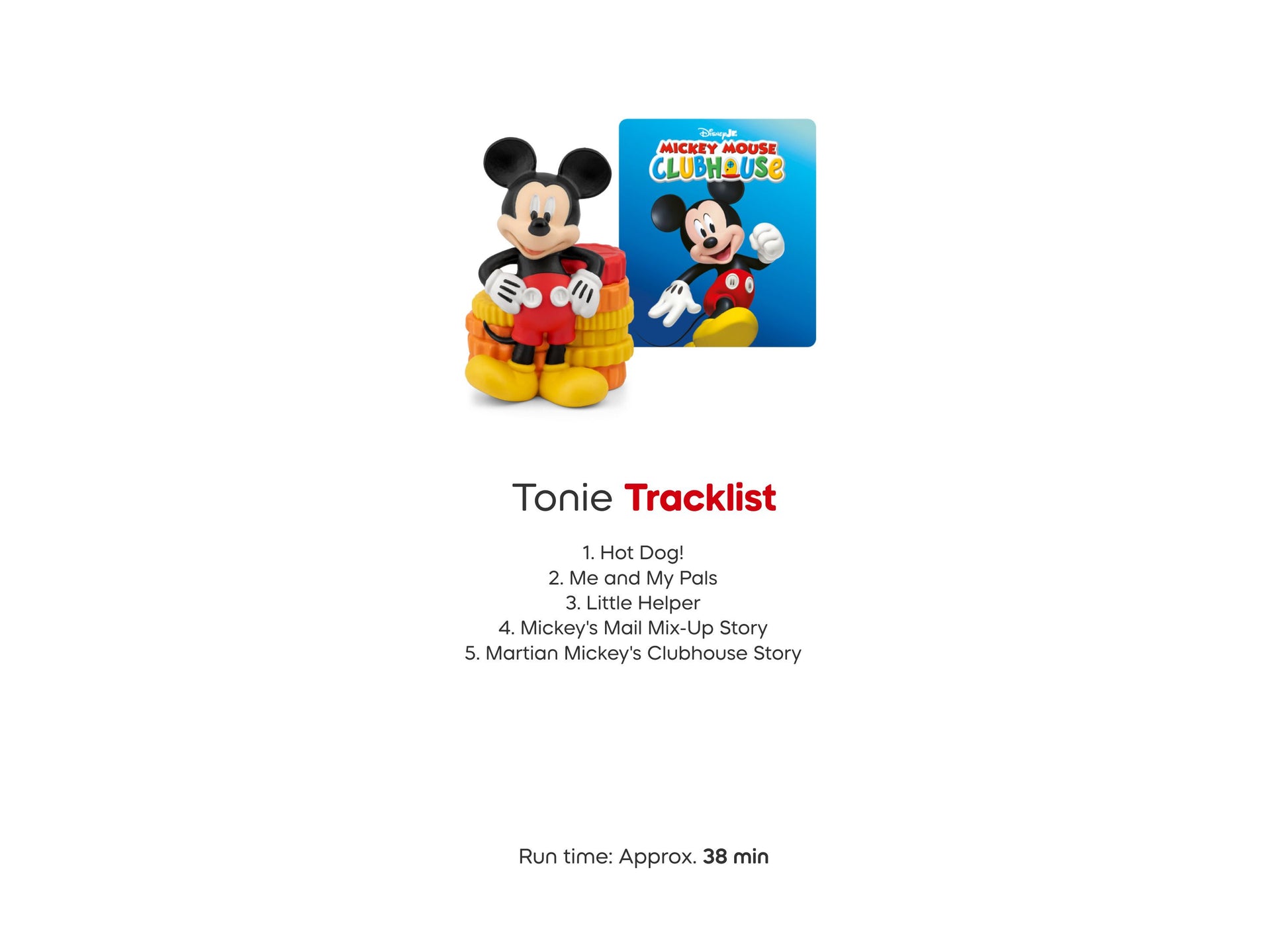 Tonies Mickey Mouse Clubhouse audio figurine with red shirt and yellow shoes, includes tracklist card