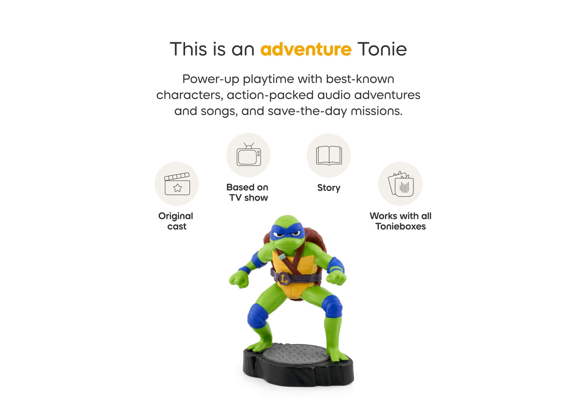 Leonardo Teenage Mutant Ninja Turtles Tonie figure with green and blue costume on black base
