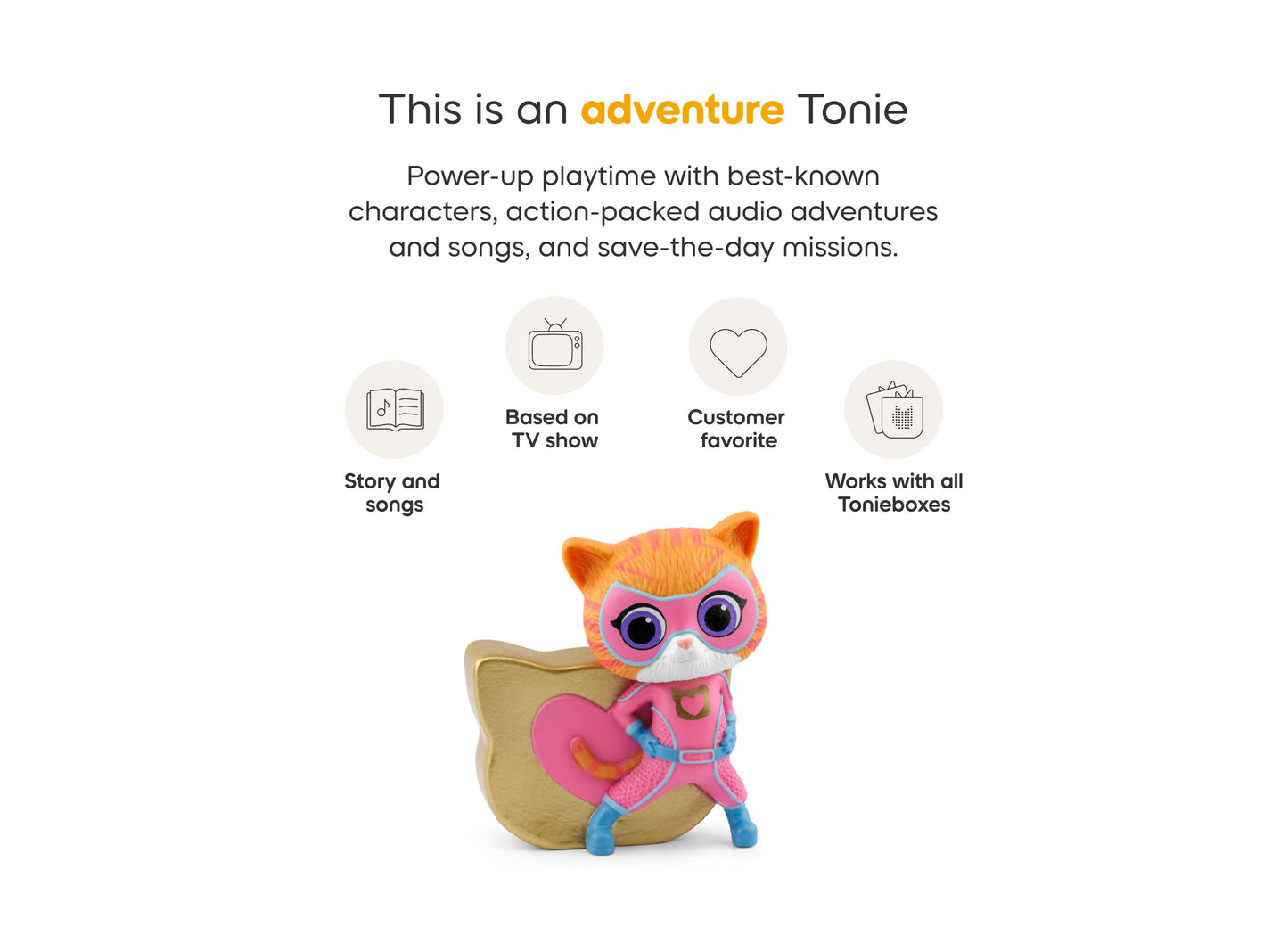 Tonies Disney SuperKitties Ginny figurine with pink glasses and orange fur holding heart