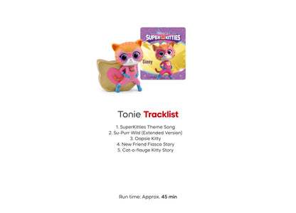 Tonies Disney SuperKitties Ginny orange cat figurine with pink glasses and heart, includes audio tracklist