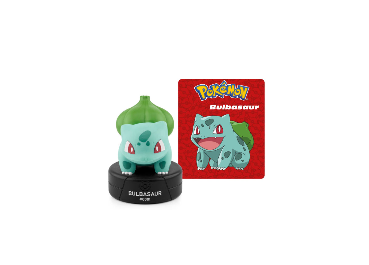 Tonies Pokemon Bulbasaur Tonie figure with green bulb and light blue body on black base, includes red character card