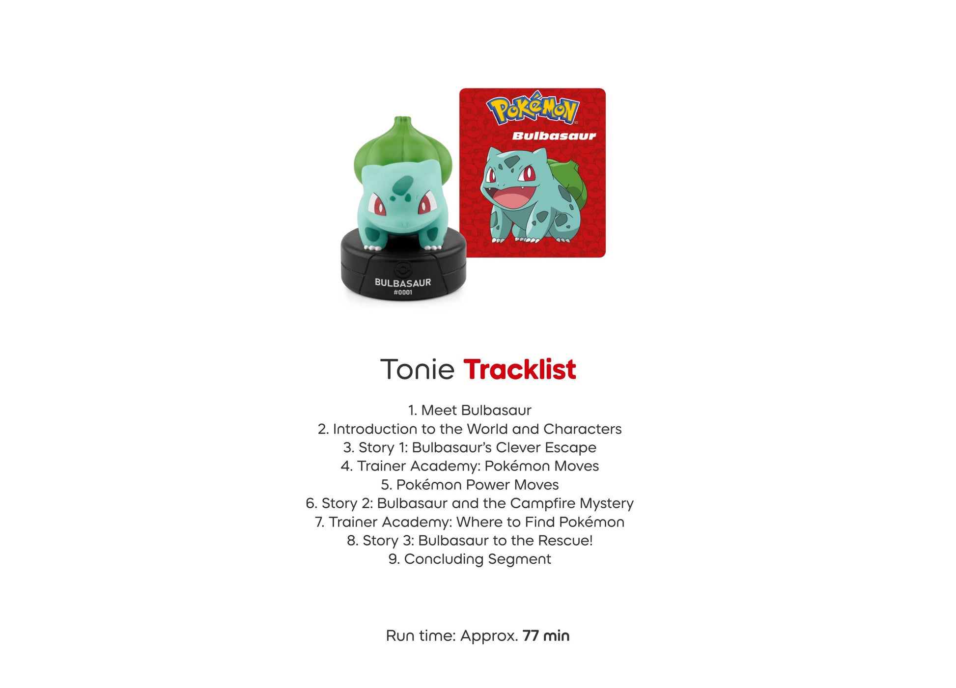 Tonies Pokemon Bulbasaur figure with green and blue coloring on black base, includes red storybook