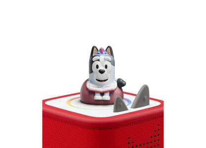 Tonies Bluey Tonie figurine set with gray and white dog character in red outfit on red speaker base