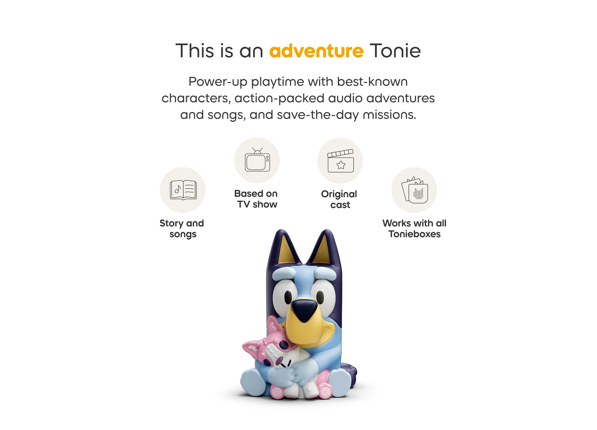 Tonies Bluey Tonie figurine set with blue dog character and pink accessories for audio storytelling play