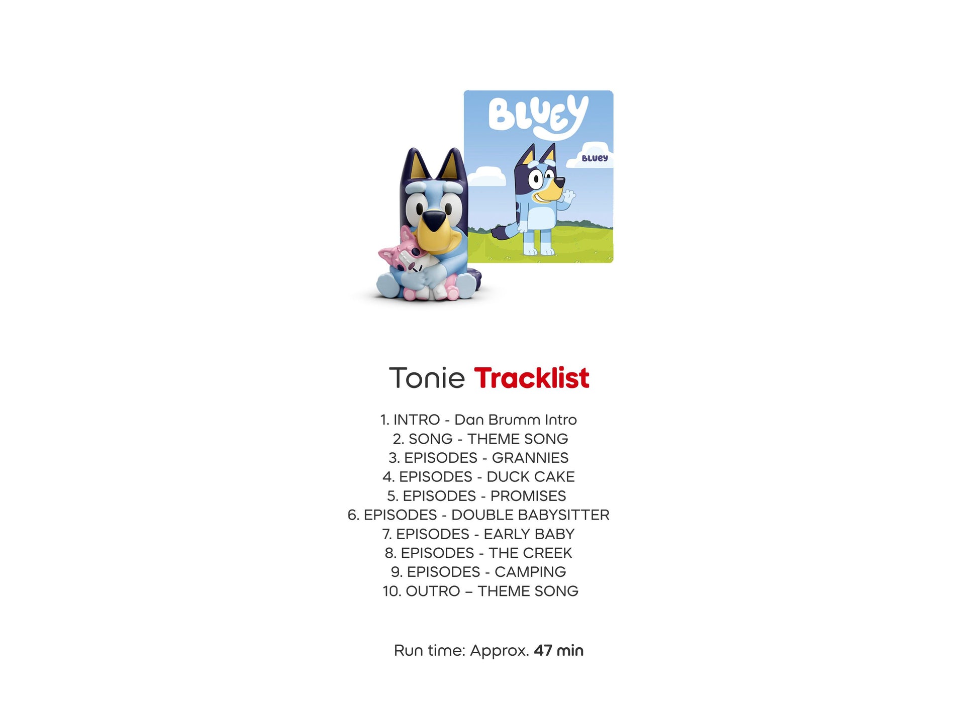 Bluey Tonie figurine with packaging and tracklist card showing episodes and theme song