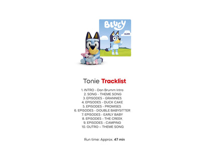 Bluey Tonie figurine with packaging and tracklist card showing episodes and theme song