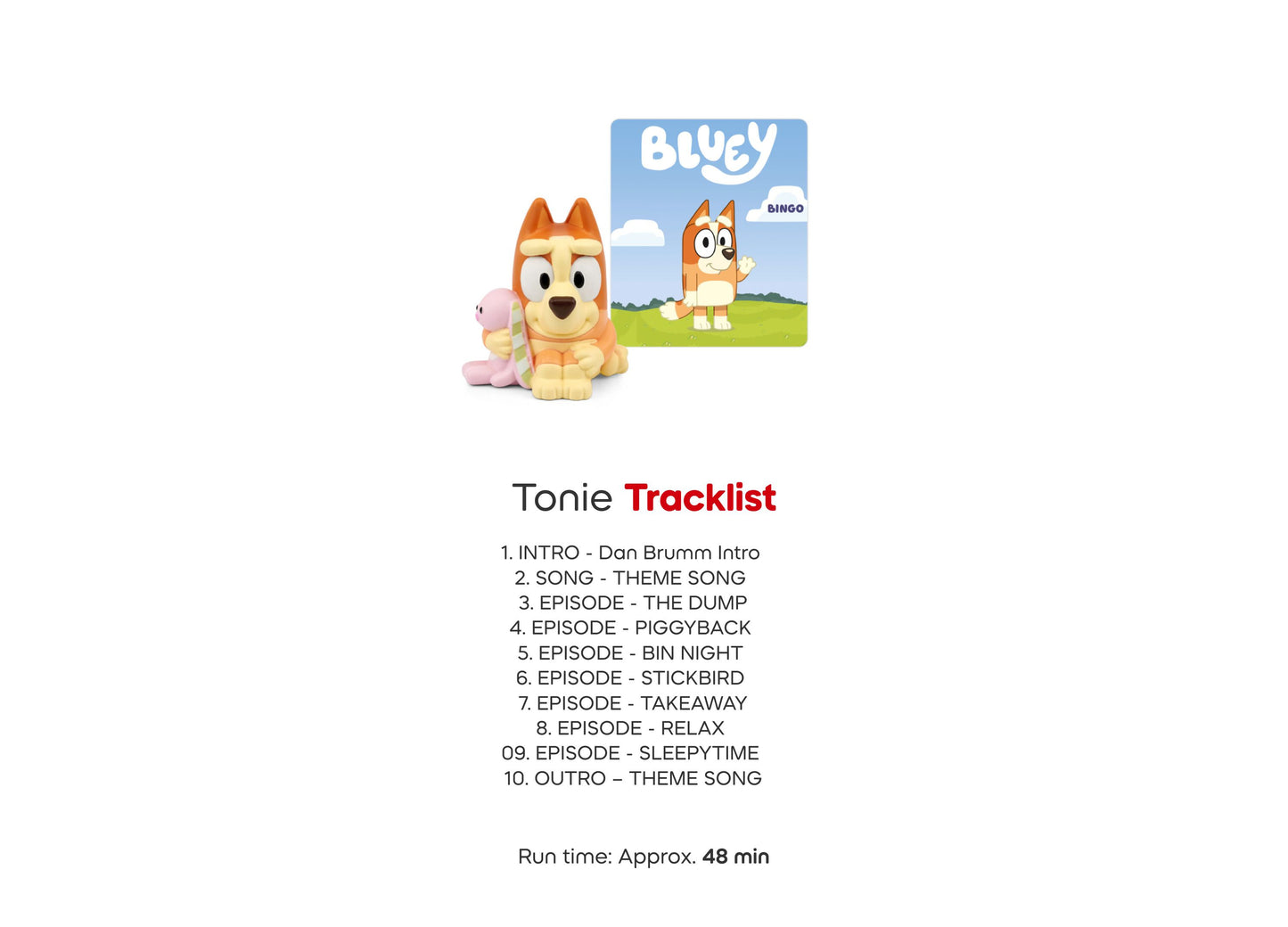 Bluey Tonie figurine set with orange dog character, pink accessory, and Bluey episode tracklist card