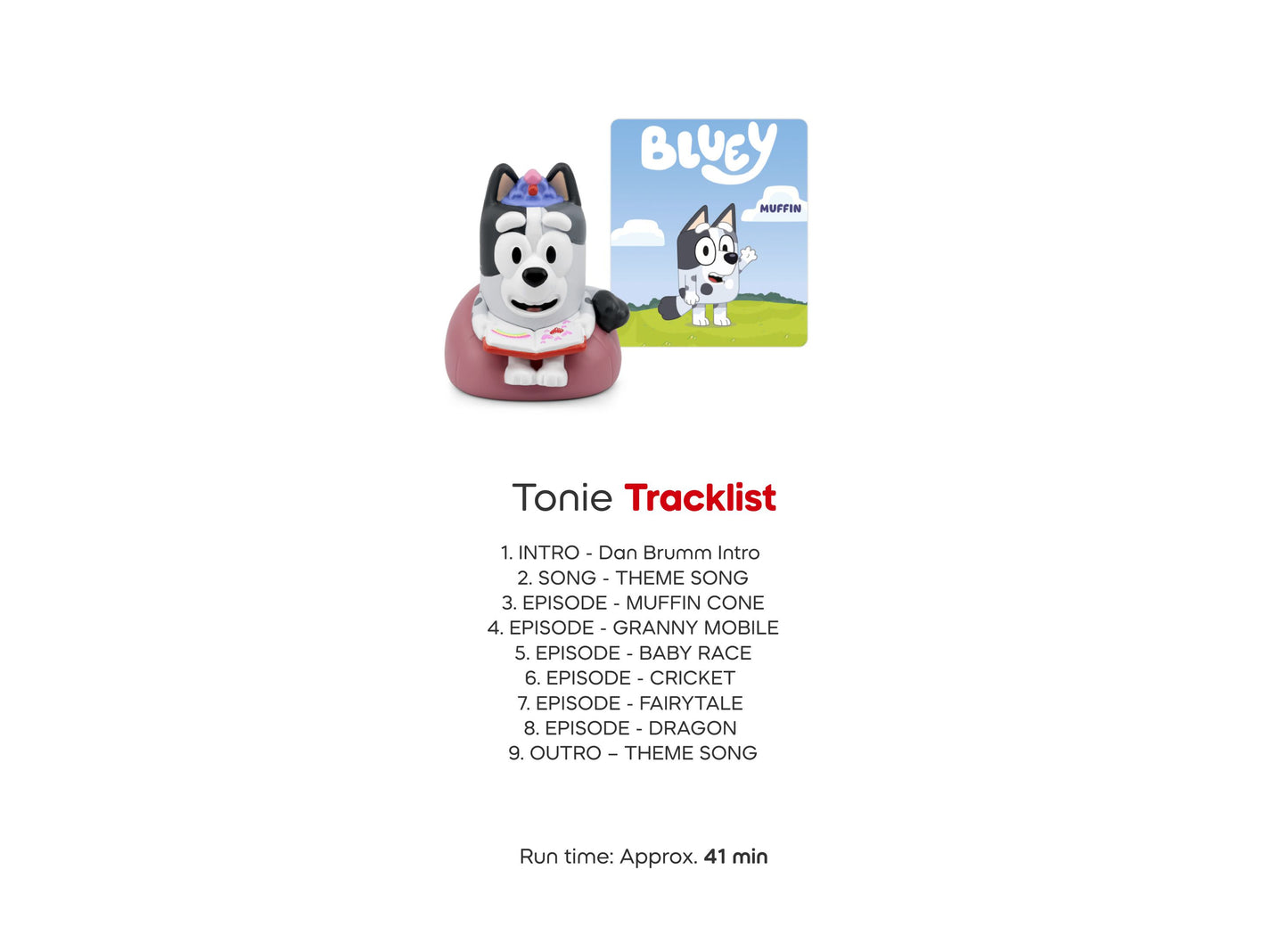 Tonies Bluey Tonie figurine set with character figure, book, and tracklist for creative play