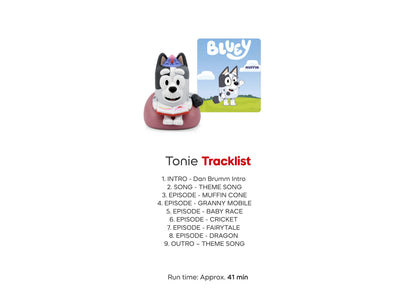 Tonies Bluey Tonie figurine set with character figure, book, and tracklist for creative play