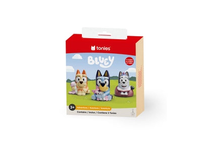 Tonies Bluey 3-piece figurine set with red packaging, featuring three colorful character toys for imaginative play
