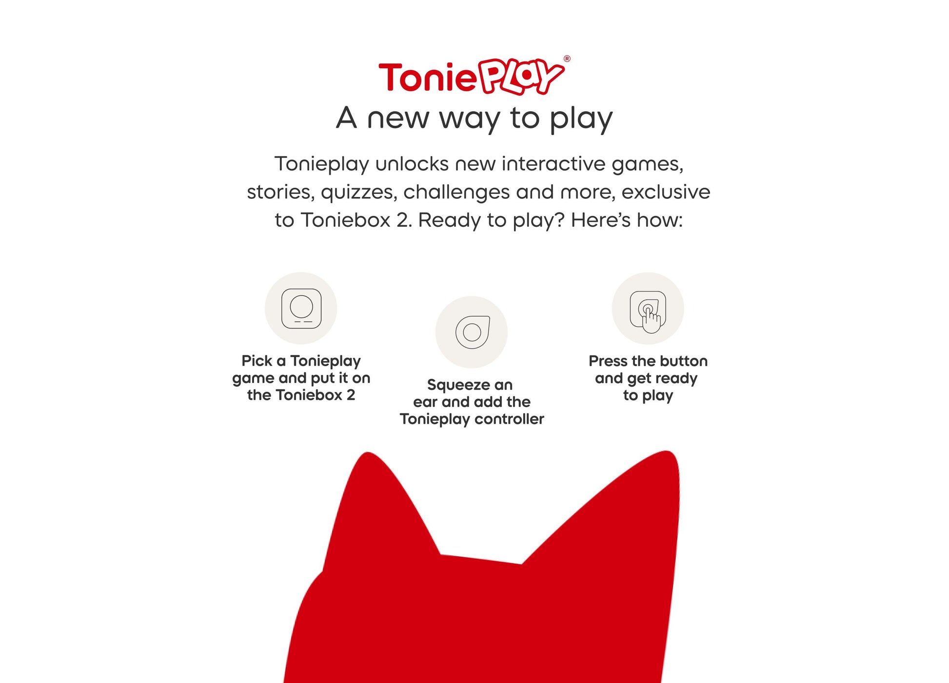 Tonies Tonieplay screen-free audio game instructions showing three steps with red Tonies character