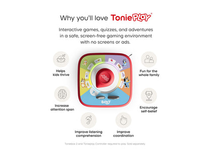 Tonies Tonieplay Bluey screen-free audio game device with red and blue design showing interactive features