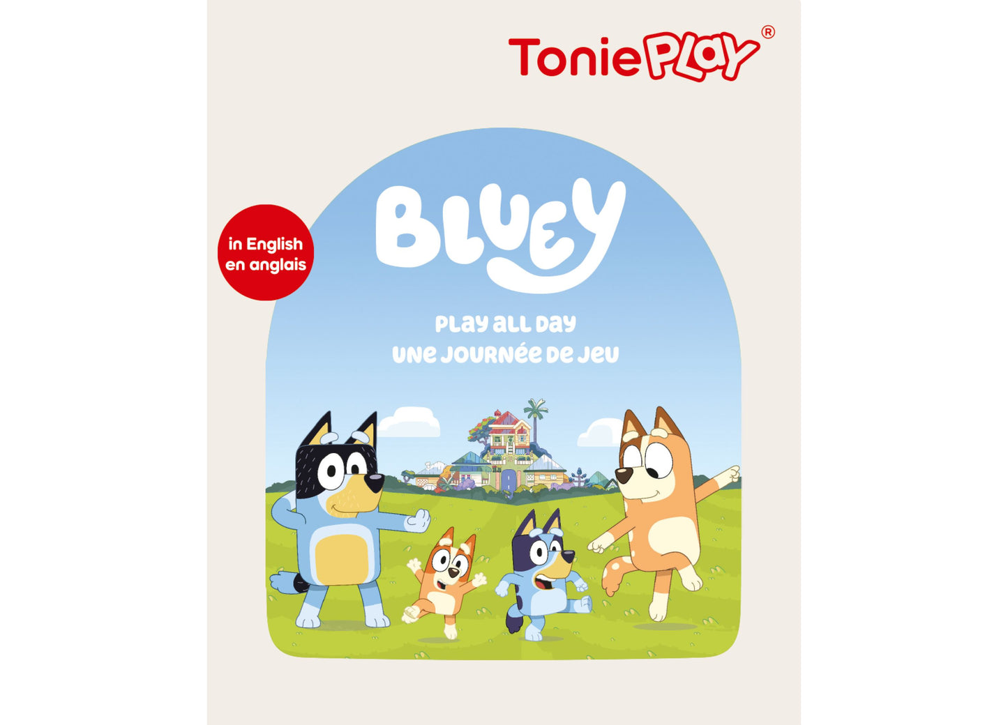 Tonies Tonieplay Bluey screen-free audio game featuring colorful blue packaging with Bluey characters on green grass