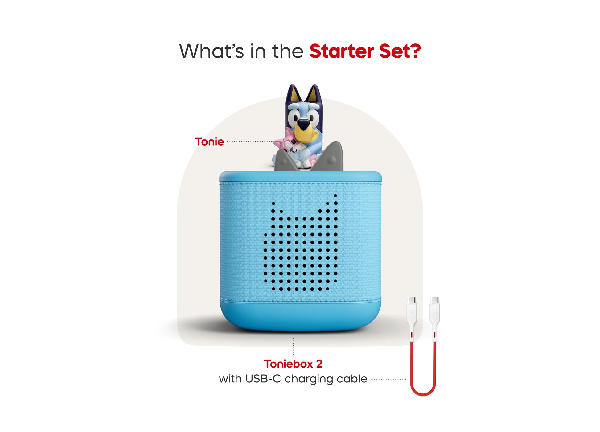 Bluey Toniebox 2 starter set with blue speaker, Tonie figure, and USB-C charging cable