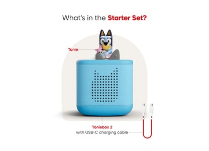 Bluey Toniebox 2 starter set with blue speaker, Tonie figure, and USB-C charging cable