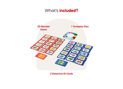 Tonies Guess Who Monster Mysteries game set with 30 red monster doors, 15 blue character cards, detective ID cards, a...