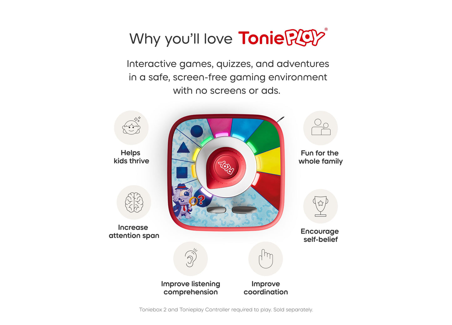 Tonies Guess Who Monster Mysteries screen-free game disc with red and colorful wheel controller for ages 5+