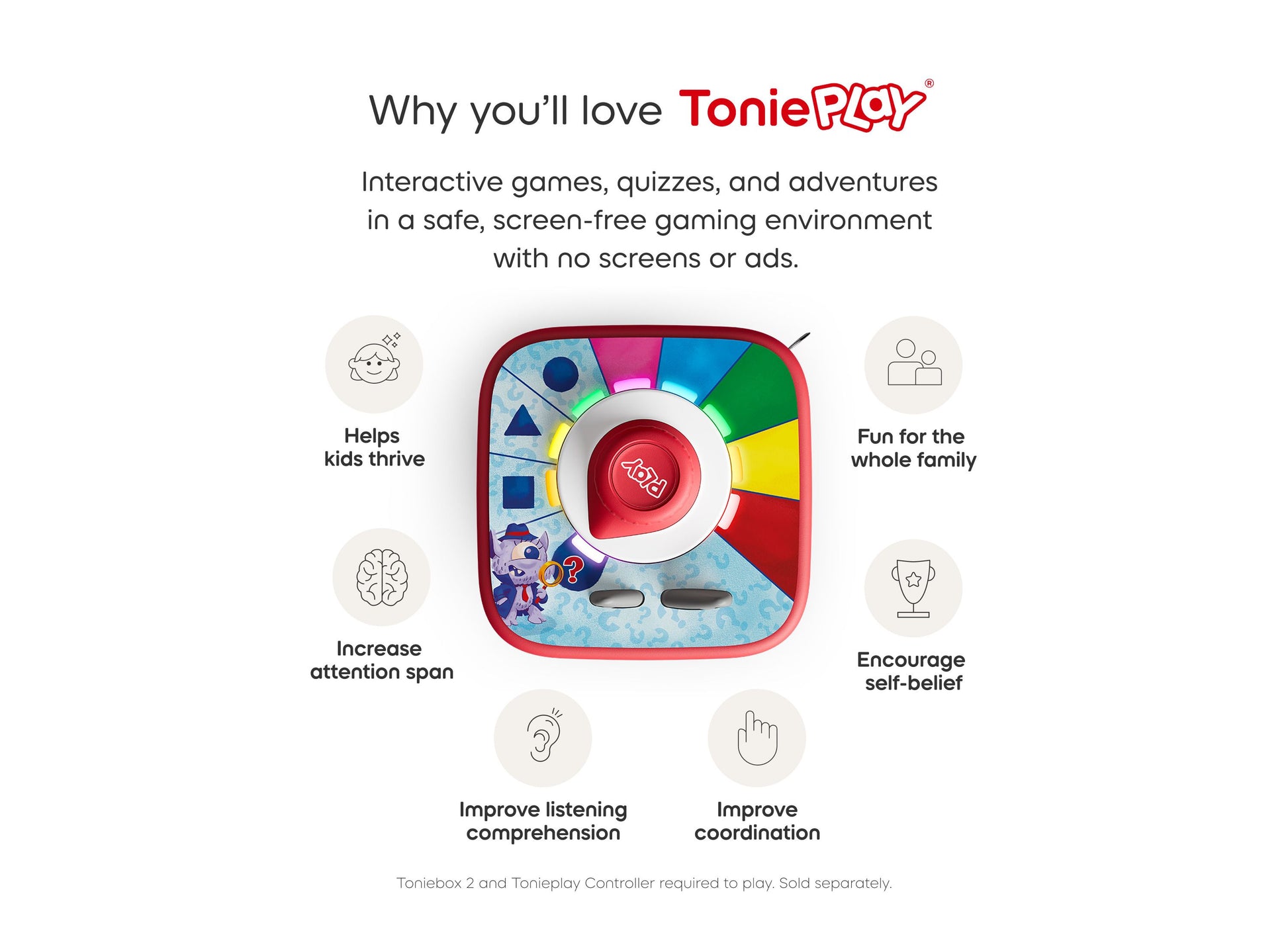 Tonies Guess Who Monster Mysteries screen-free game disc with red and colorful wheel controller for ages 5+
