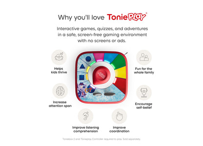 Tonies Guess Who Monster Mysteries screen-free game disc with red and colorful wheel controller for ages 5+
