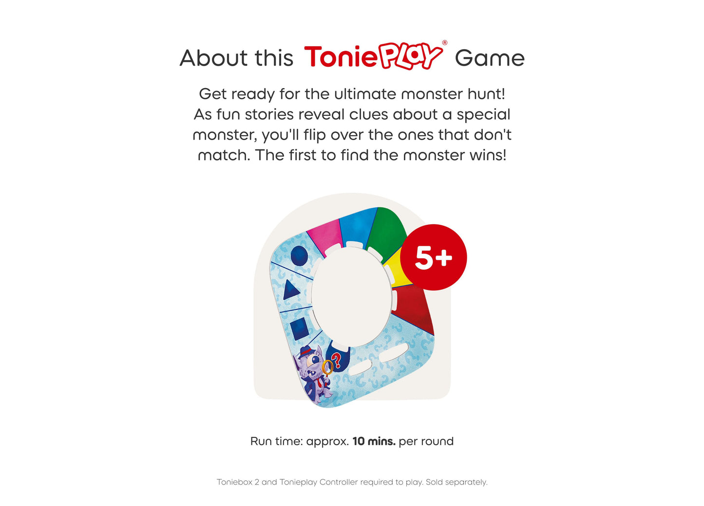 Tonies Guess Who Monster Mysteries game disc with colorful spinning wheel, ages 5+