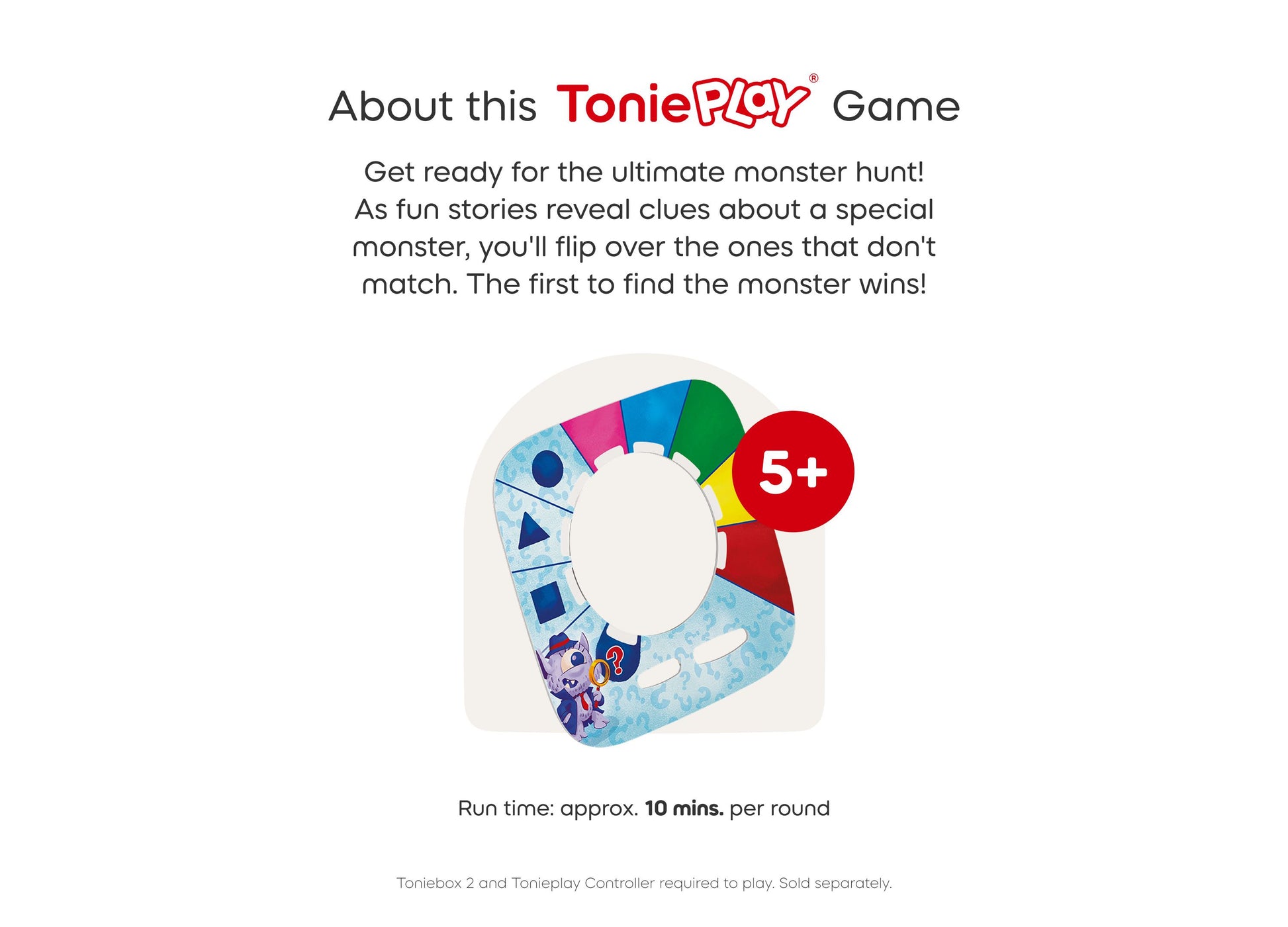 Tonies Guess Who Monster Mysteries game disc with colorful spinning wheel, ages 5+