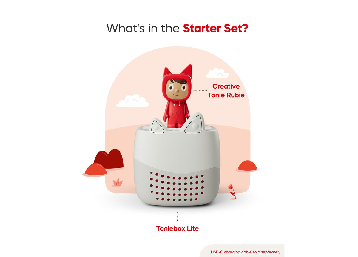 Tonies Toniebox Lite starter set with red Creative Rubie character figure and gray speaker with ear-shaped details