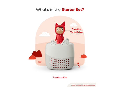 Tonies Toniebox Lite starter set with red Creative Rubie character figure and gray speaker with ear-shaped details