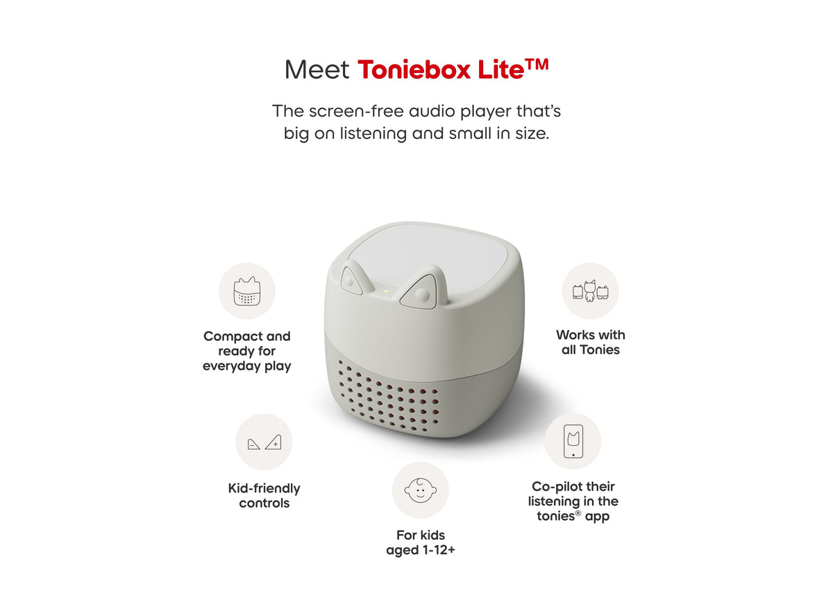 Toniebox Lite screen-free audio player in light gray with perforated speaker panel and cat-ear shaped controls
